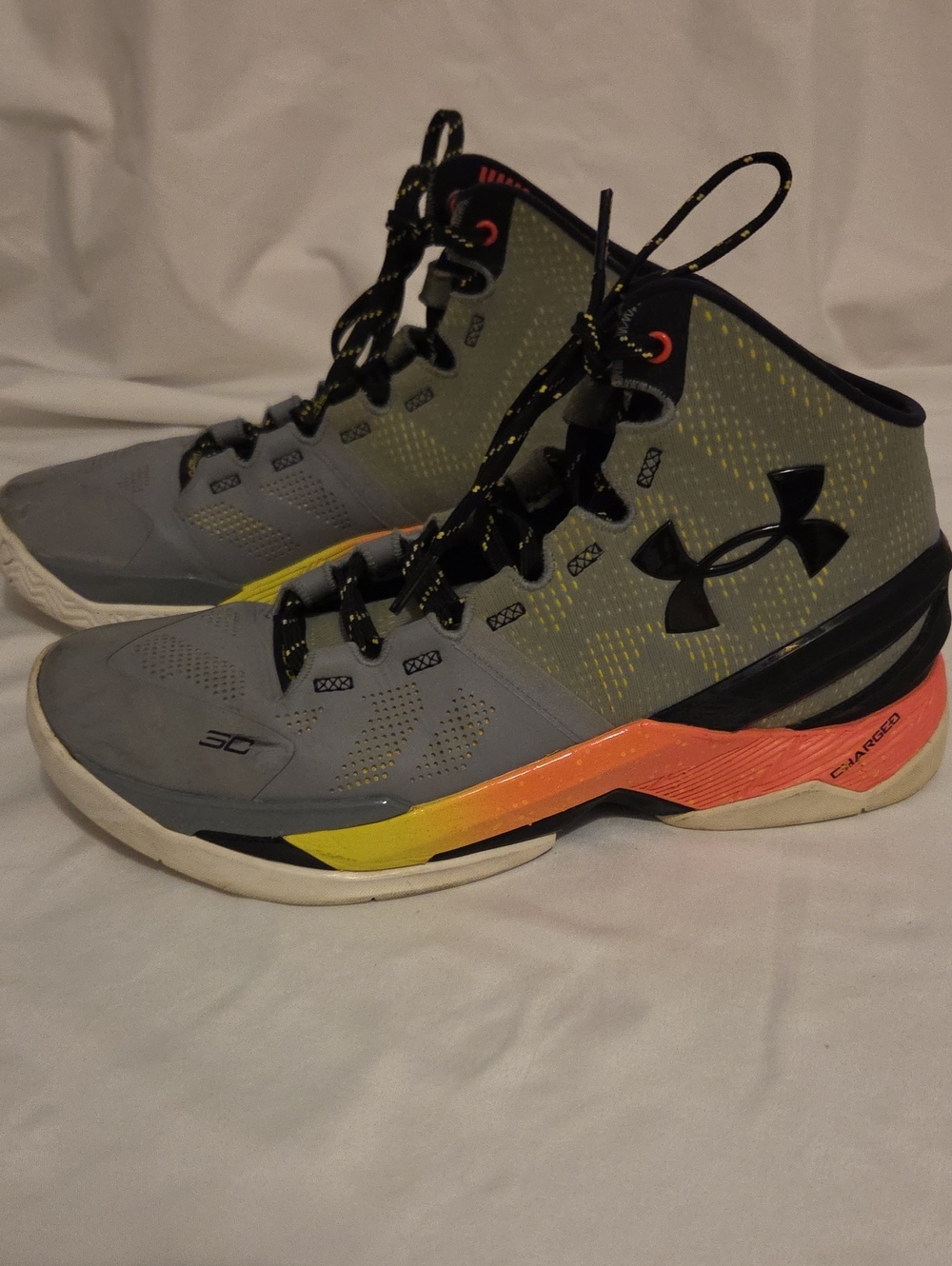 Under Armour Men’s Gray High-Top Athletic Shoes with Yellow and Orange Accents